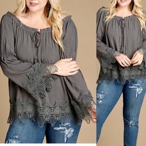 ODDI LACE TRIM BLOUSE Grey Tunic 3X